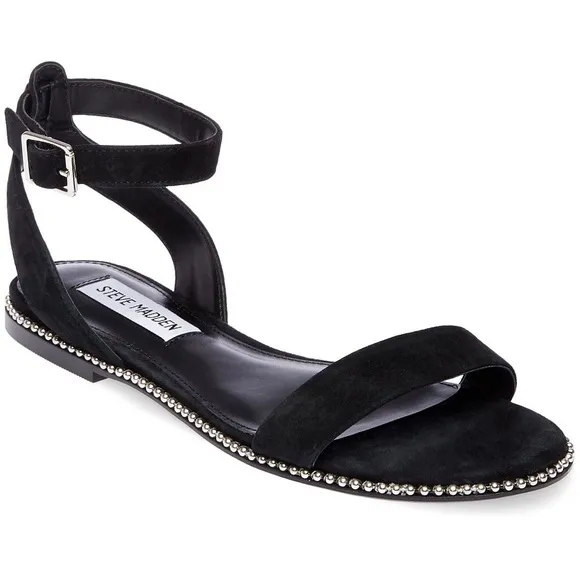 Steve Madden Suede Leather Studded Salut Sandals Flats Black Formal Strappy Shoe