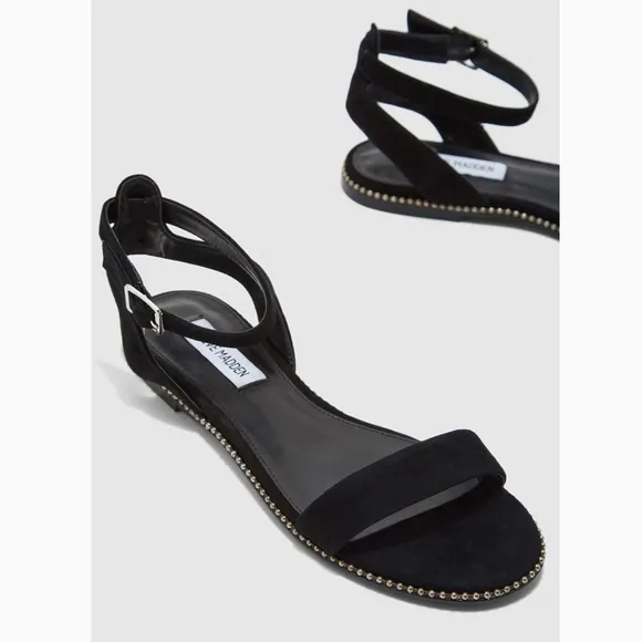 Steve Madden Suede Leather Studded Salut Sandals Flats Black Formal Strappy Shoe