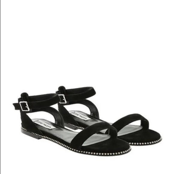 Steve Madden Suede Leather Studded Salut Sandals Flats Black Formal Strappy Shoe