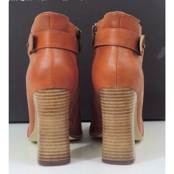 Steven Steve Madden Klick Leather Pointed-Toe Block Heel Booties Cognac Size 8.5