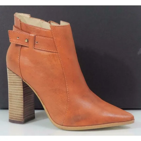 Steven Steve Madden Klick Leather Pointed-Toe Block Heel Booties Cognac Size 8.5