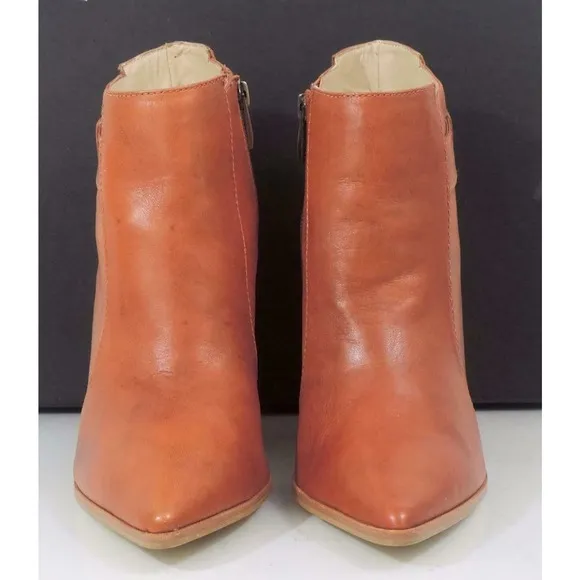 Steven Steve Madden Klick Leather Pointed-Toe Block Heel Booties Cognac Size 8.5