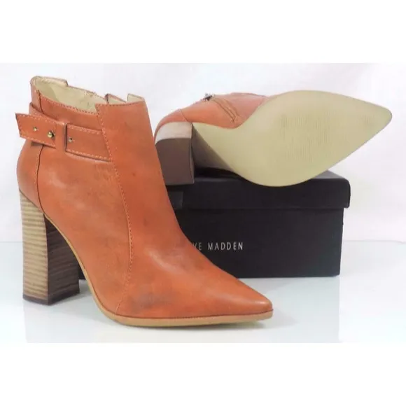 Steven Steve Madden Klick Leather Pointed-Toe Block Heel Booties Cognac Size 8.5
