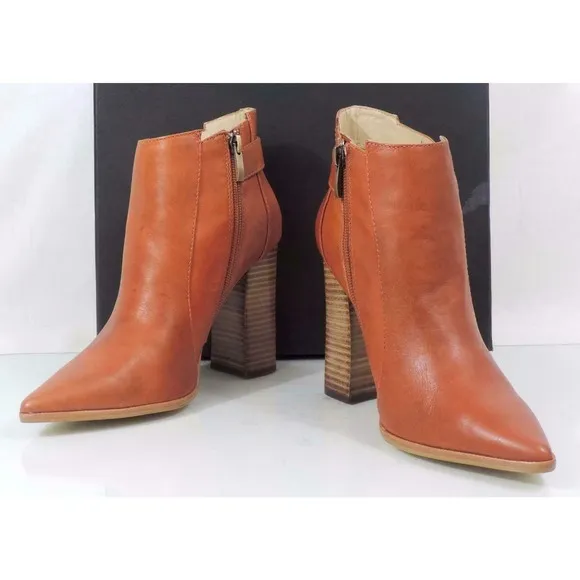 Steven Steve Madden Klick Leather Pointed-Toe Block Heel Booties Cognac Size 8.5
