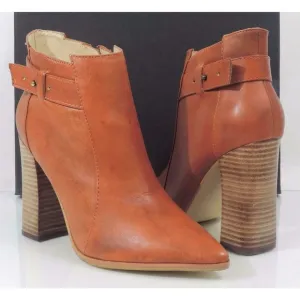 Steven Steve Madden Klick Leather Pointed-Toe Block Heel Booties Cognac Size 8.5