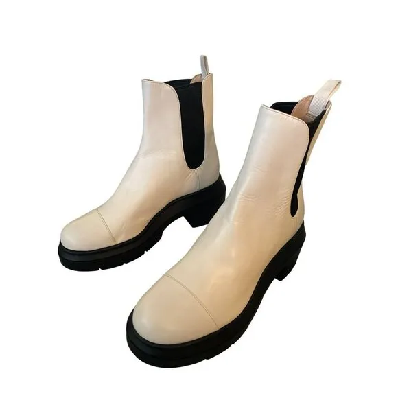 STUART WEITZMAN $495 Norah Lug Sole Chelsea Boots Cream Black NEW Size 6.5
