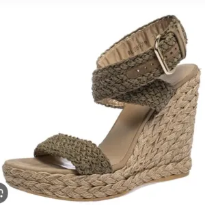 Stuart Weitzman Alex Espadrille Wedge Sandal Neutral Khaki / Olive Sz 8.5 $395