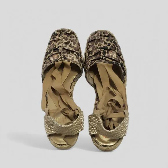 Stuart Weitzman Animal Print Woven Tie Espridrille Sandals Sz 8.5 Balletcore