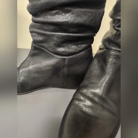Stuart Weitzman Black  Rugerio Slouch Leather Mid Calf Wedge Boots Sz 8