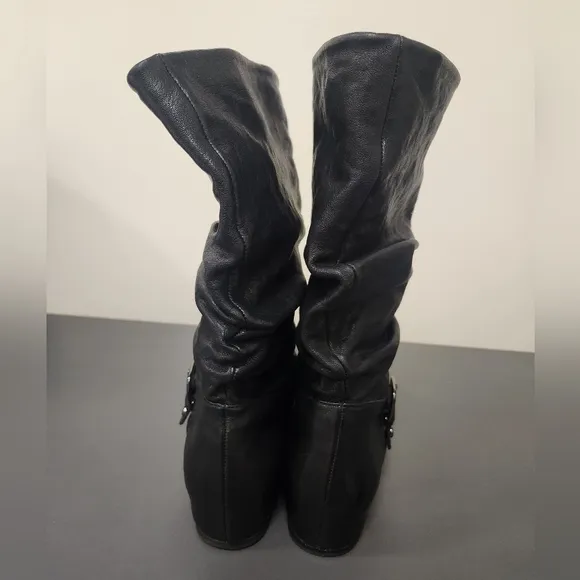 Stuart Weitzman Black  Rugerio Slouch Leather Mid Calf Wedge Boots Sz 8