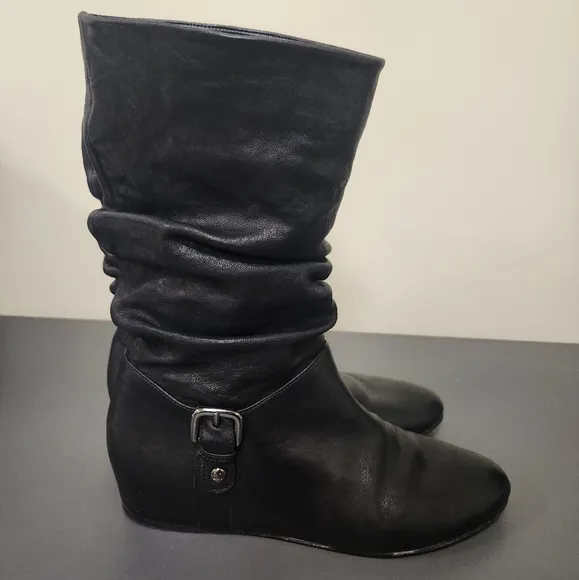 Stuart Weitzman Black  Rugerio Slouch Leather Mid Calf Wedge Boots Sz 8