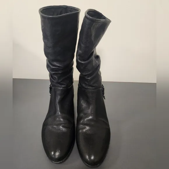 Stuart Weitzman Black  Rugerio Slouch Leather Mid Calf Wedge Boots Sz 8
