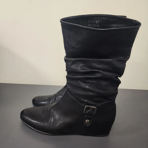 Stuart Weitzman Black  Rugerio Slouch Leather Mid Calf Wedge Boots Sz 8