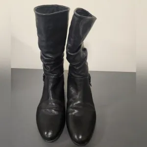 Stuart Weitzman Black  Rugerio Slouch Leather Mid Calf Wedge Boots Sz 8