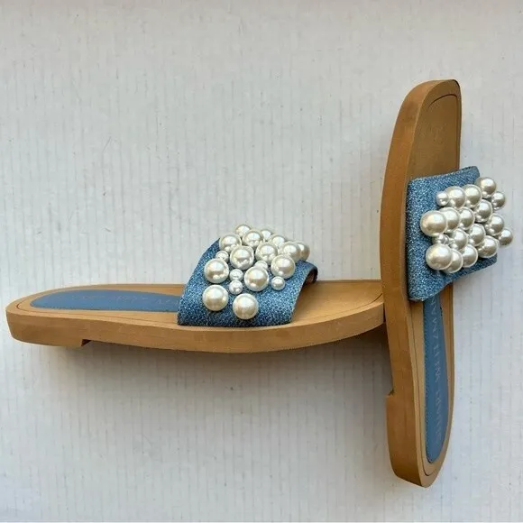 Stuart Weitzman Blue Denim Slide Flat Slip On Sandal Shoes w/ Pearls Women 5 B