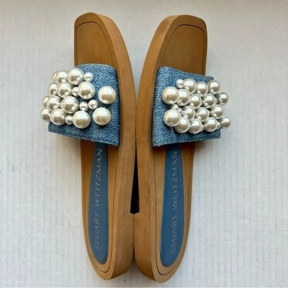 Stuart Weitzman Blue Denim Slide Flat Slip On Sandal Shoes w/ Pearls Women 5 B