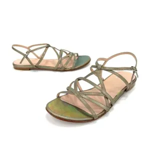 STUART WEITZMAN GOLD IRIDESCENT RAINBOW SHIMMERING LEATHER STRAPPY FLAT SANDAL