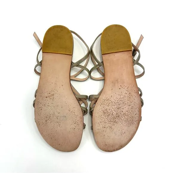 STUART WEITZMAN GOLD IRIDESCENT RAINBOW SHIMMERING LEATHER STRAPPY FLAT SANDAL