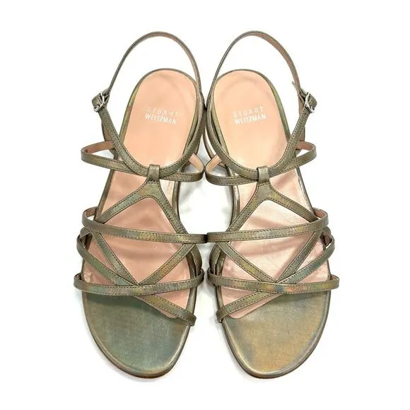 STUART WEITZMAN GOLD IRIDESCENT RAINBOW SHIMMERING LEATHER STRAPPY FLAT SANDAL