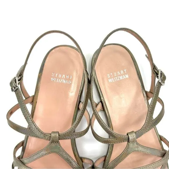 STUART WEITZMAN GOLD IRIDESCENT RAINBOW SHIMMERING LEATHER STRAPPY FLAT SANDAL