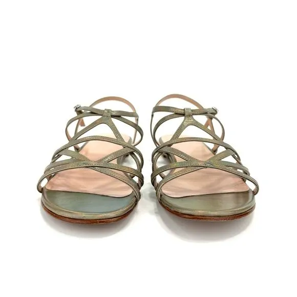 STUART WEITZMAN GOLD IRIDESCENT RAINBOW SHIMMERING LEATHER STRAPPY FLAT SANDAL