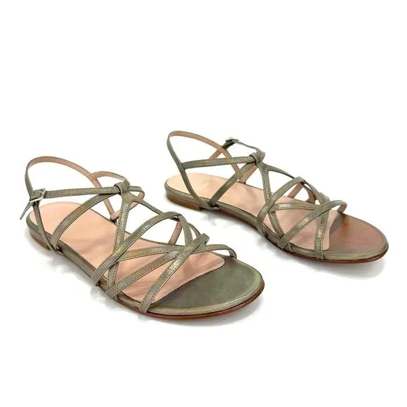 STUART WEITZMAN GOLD IRIDESCENT RAINBOW SHIMMERING LEATHER STRAPPY FLAT SANDAL
