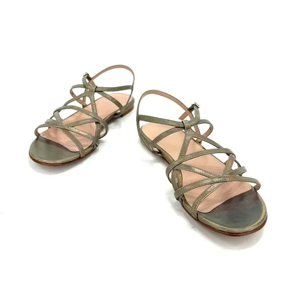 STUART WEITZMAN GOLD IRIDESCENT RAINBOW SHIMMERING LEATHER STRAPPY FLAT SANDAL