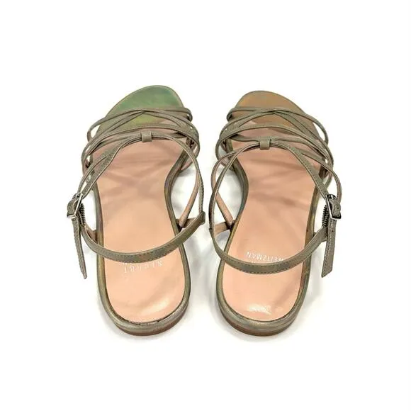 STUART WEITZMAN GOLD IRIDESCENT RAINBOW SHIMMERING LEATHER STRAPPY FLAT SANDAL