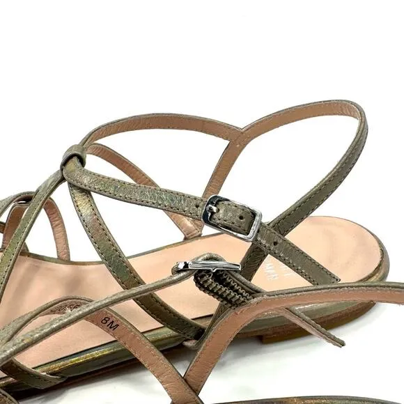 STUART WEITZMAN GOLD IRIDESCENT RAINBOW SHIMMERING LEATHER STRAPPY FLAT SANDAL
