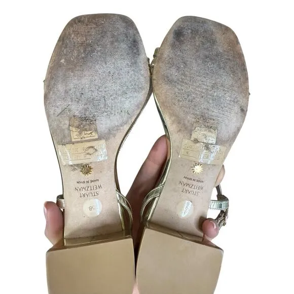 Stuart Weitzman Gold Soiree 35 Block Heel Strappy Sandals Size 6B