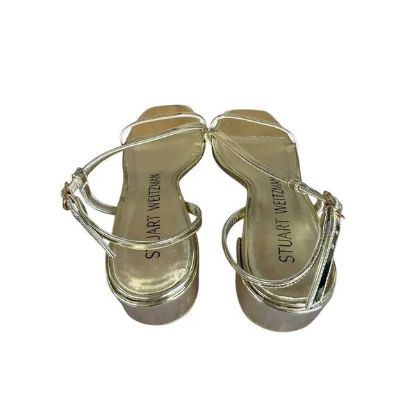 Stuart Weitzman Gold Soiree 35 Block Heel Strappy Sandals Size 6B
