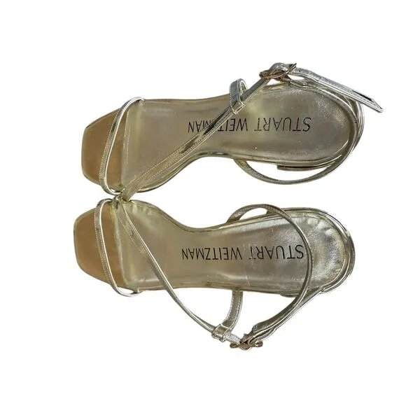 Stuart Weitzman Gold Soiree 35 Block Heel Strappy Sandals Size 6B