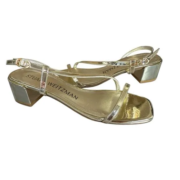 Stuart Weitzman Gold Soiree 35 Block Heel Strappy Sandals Size 6B