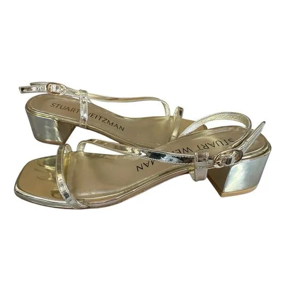 Stuart Weitzman Gold Soiree 35 Block Heel Strappy Sandals Size 6B