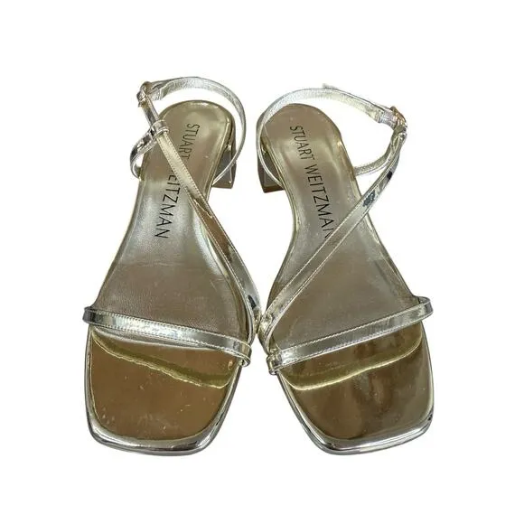 Stuart Weitzman Gold Soiree 35 Block Heel Strappy Sandals Size 6B