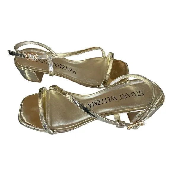 Stuart Weitzman Gold Soiree 35 Block Heel Strappy Sandals Size 6B