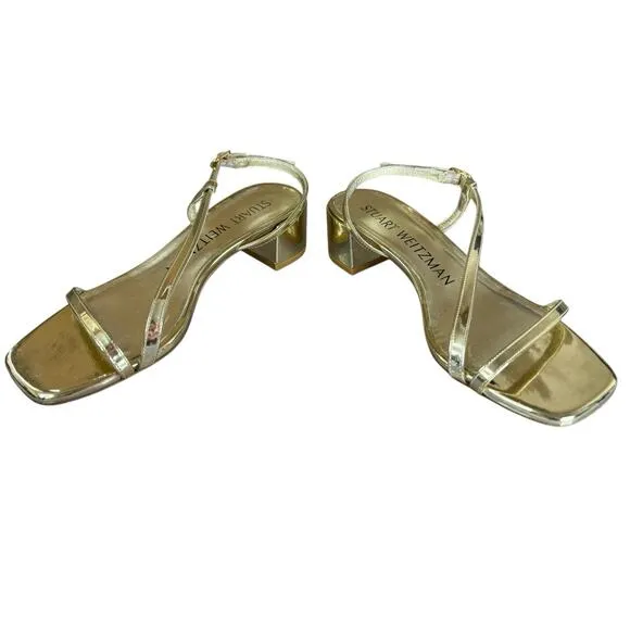Stuart Weitzman Gold Soiree 35 Block Heel Strappy Sandals Size 6B