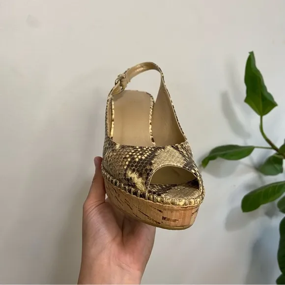 Stuart Weitzman Jean Snake Skin Embossed Leather Slingback Cork Wedge Sandals