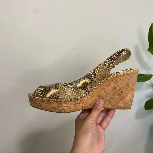 Stuart Weitzman Jean Snake Skin Embossed Leather Slingback Cork Wedge Sandals