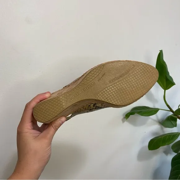 Stuart Weitzman Jean Snake Skin Embossed Leather Slingback Cork Wedge Sandals