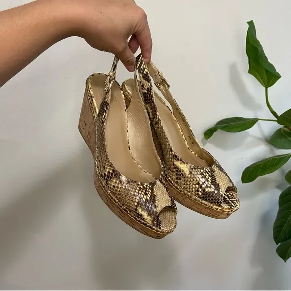 Stuart Weitzman Jean Snake Skin Embossed Leather Slingback Cork Wedge Sandals