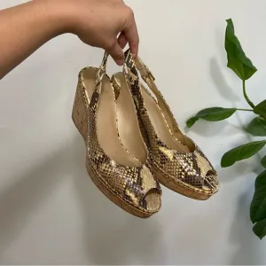 Stuart Weitzman Jean Snake Skin Embossed Leather Slingback Cork Wedge Sandals