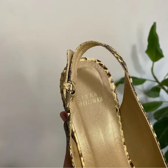 Stuart Weitzman Jean Snake Skin Embossed Leather Slingback Cork Wedge Sandals