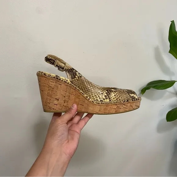 Stuart Weitzman Jean Snake Skin Embossed Leather Slingback Cork Wedge Sandals