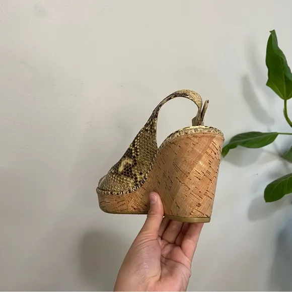 Stuart Weitzman Jean Snake Skin Embossed Leather Slingback Cork Wedge Sandals