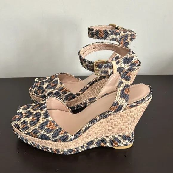 Stuart Weitzman Leopard Print Espadrilles Wedge Sandal Ankle Strap Sz 8.5