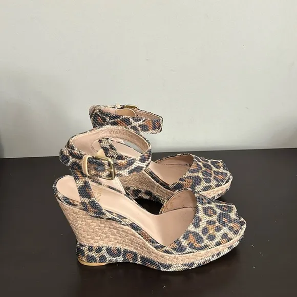 Stuart Weitzman Leopard Print Espadrilles Wedge Sandal Ankle Strap Sz 8.5