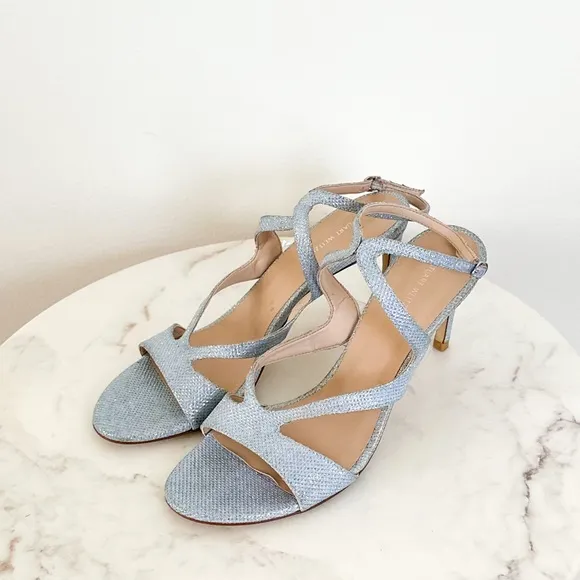 Stuart Weitzman Mariposa 80 Open Toe Sandals Metallic Periwinkle Size 9.5