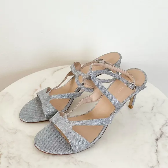 Stuart Weitzman Mariposa 80 Open Toe Sandals Metallic Silver Size 10