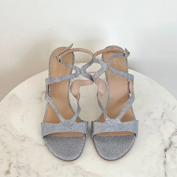 Stuart Weitzman Mariposa 80 Open Toe Sandals Metallic Silver Size 10